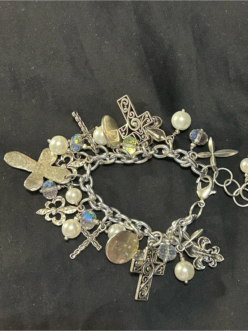 Silver loaded Charm Bracelet with Pearls and Iridescent Beads - Women's Jewelry
